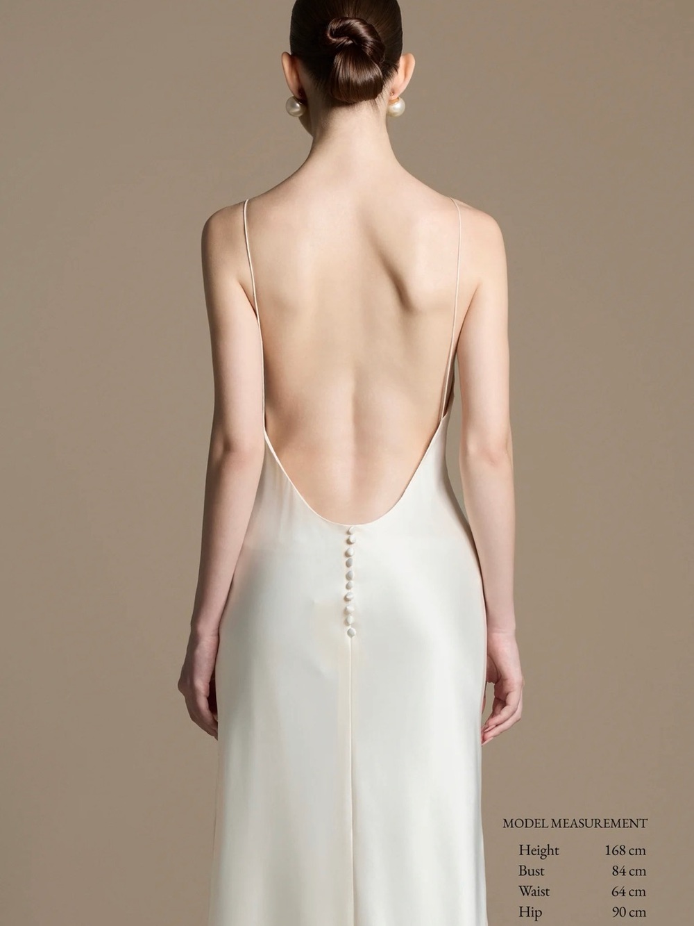 Backless Satin Slip Dress in Ivory with Covered Button Detail